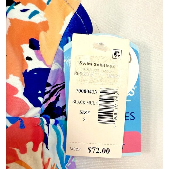 Swim Solutions Triple Tier Colorful Floral Printed Tankini Swim Top, US 8 NWT - Picture 8 of 9